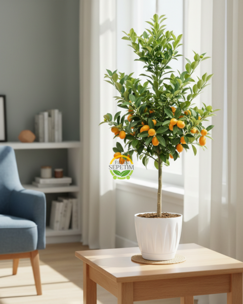 5 Yaş Dekoratif Saksılı Kumkuat(Kamkat) Fidanı 'Üzeri Meyveli'