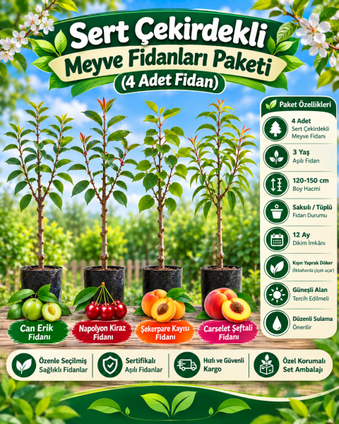 Sert Çekirdekli Meyve Fidanları Paketi (4 Adet Fidan)
